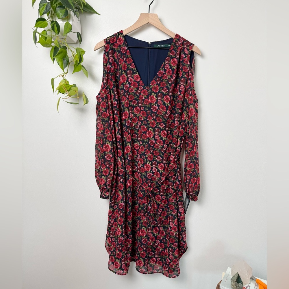 Lauren Ralph Lauren Floral Cold Shoulder Dress 16W Plus NWT Navy Red Long Sleeve